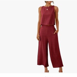 Women's Wine Red Sleeveless Jumpsuit Set